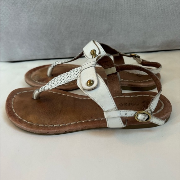 T-Strap Sandals White Leather Braided Embellished Flat - Picture 2 of 11
